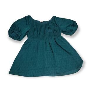 Odille Daisy Floral Print Green Elastic Arms & Waist Short Sleeved Blouse - Top